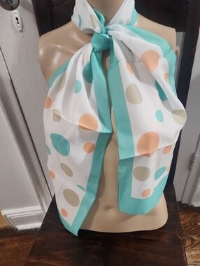 Vintage Liz Sinclair White with Turqoise/Coral/Taupe Poka Dot Oblong Scarf NWOT